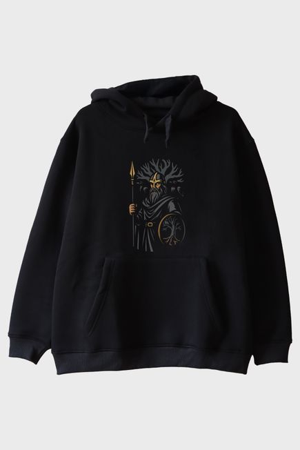Odin Figürlü Siyah Hoodie