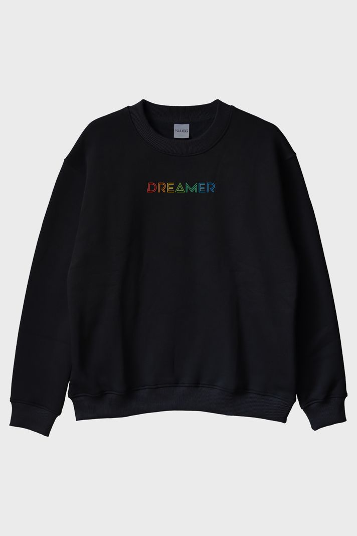 Dreamer Renkli Yazılı Siyah Bisiklet Yaka Sweatshirt