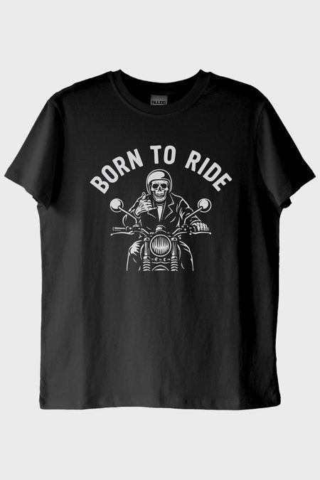 BORN TO RIDE Motosiklet Temalı Baskılı Siyah Tişört