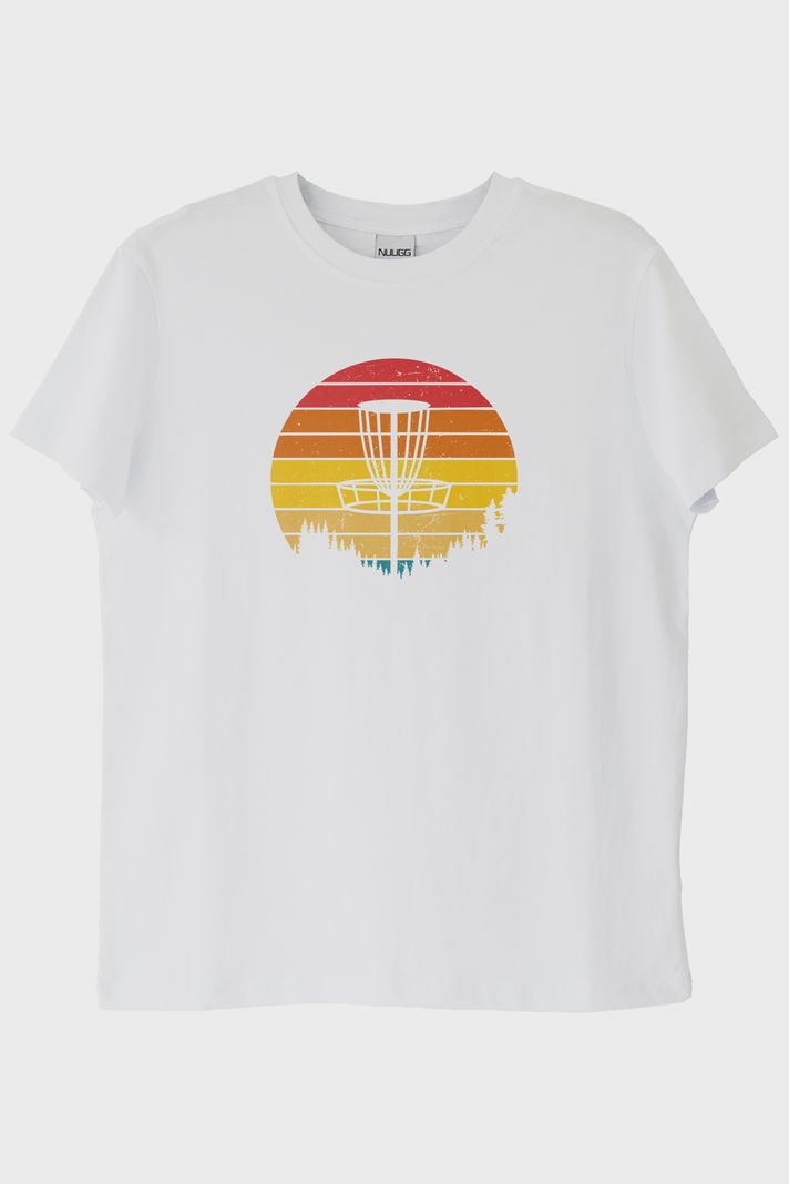 Retro Güneş Batışı Tasarımlı Disk Golf Sepetli Beyaz Tişört