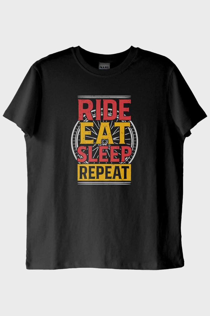 Ride Eat Sleep Repeat Baskılı Siyah Tişört