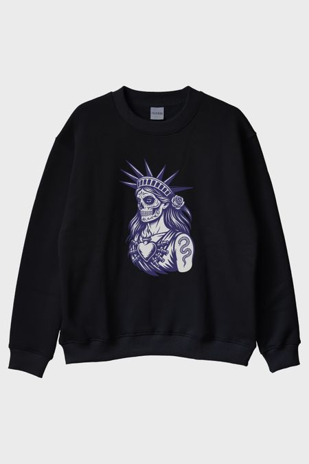 Özgürlük Heykeli Stilinde İllüstrasyonlu Baskılı Siyah Bisiklet Yaka Sweatshirt
