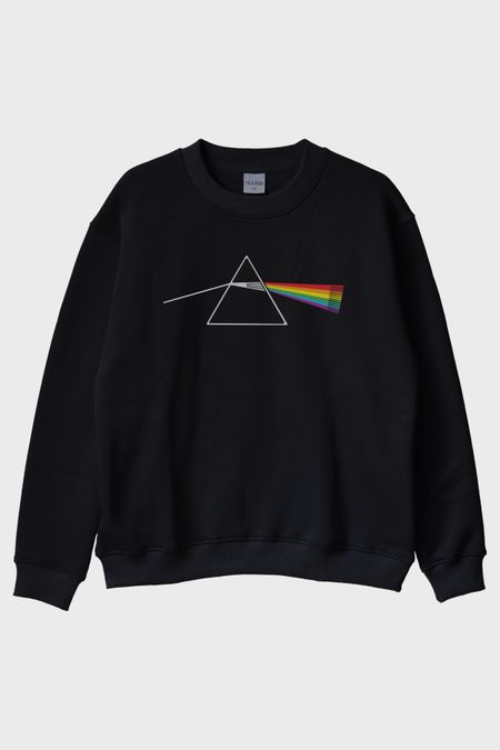 Light Prism Graphic Baskılı Gökkuşağı Yansımalı Siyah Bisiklet Yaka Sweatshirt