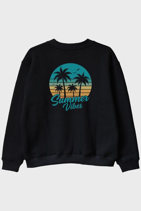 Summer Vibes Baskılı Tropik Plaj Tasarımlı Siyah Bisiklet Yaka Sweatshirt