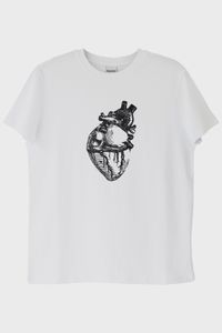 Kalp Anatomi Çizimli Minimalist Baskılı Beyaz Tişört