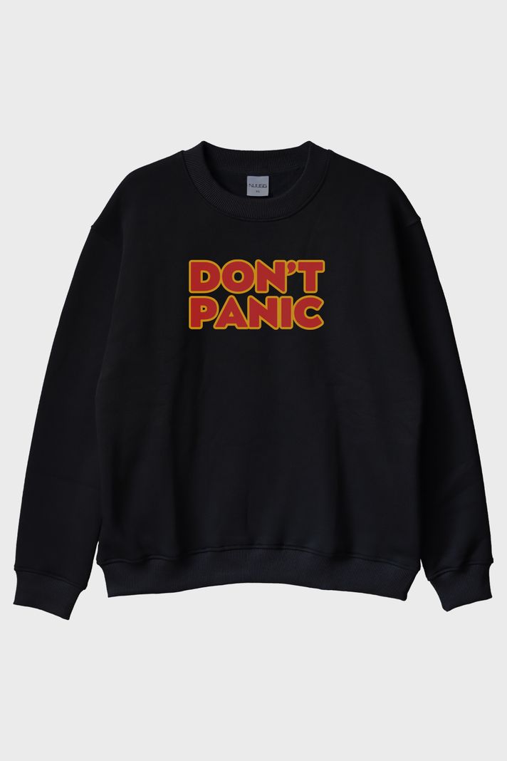 Don't Panic Baskılı Mizahi Siyah Bisiklet Yaka Sweatshirt