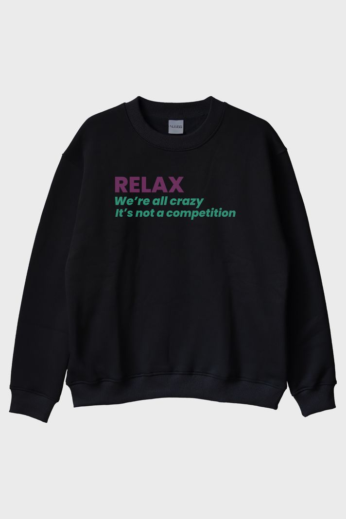 RELAX Mesajlı Minimal Baskılı Siyah Bisiklet Yaka Sweatshirt