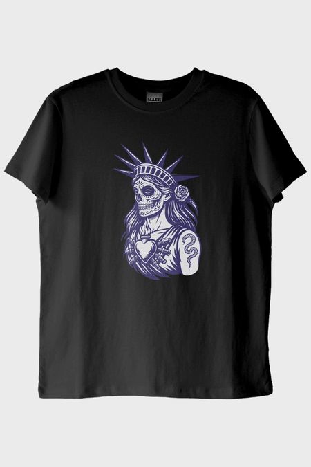 Özgürlük Heykeli Stilinde İllüstrasyonlu Baskılı Siyah Tişört
