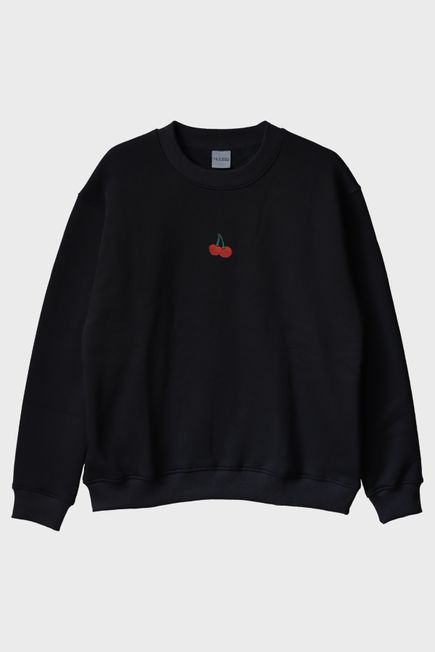Kiraz Desenli Siyah Nakış Bisiklet Yaka Sweatshirt
