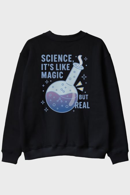 Bilim ve Sihirin Eğlenceli Buluşması Siyah Bisiklet Yaka Sweatshirt