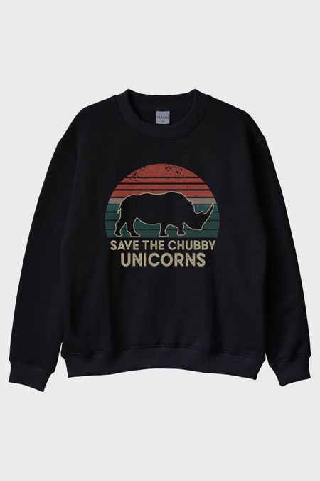 Save the Chubby Unicorns Retro Gergedan Baskılı Siyah Bisiklet Yaka Sweatshirt