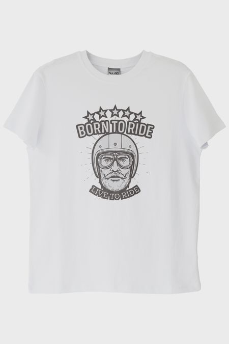 Born to Ride Live To Road Baskılı Motosiklet Temalı Beyaz Tişört