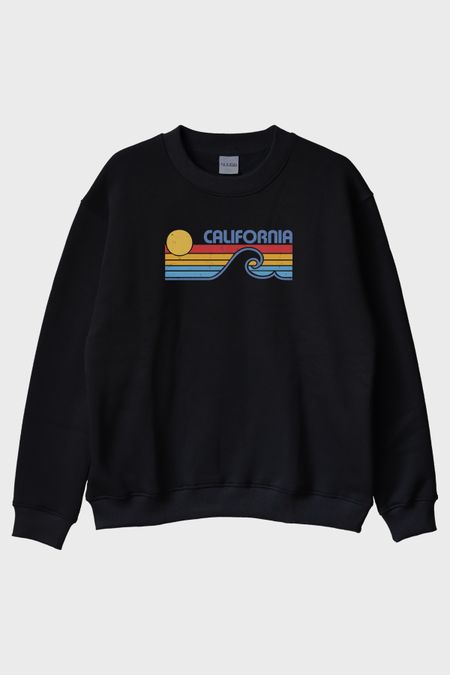California Retro Dalga Baskılı Tasarım Siyah Bisiklet Yaka Sweatshirt