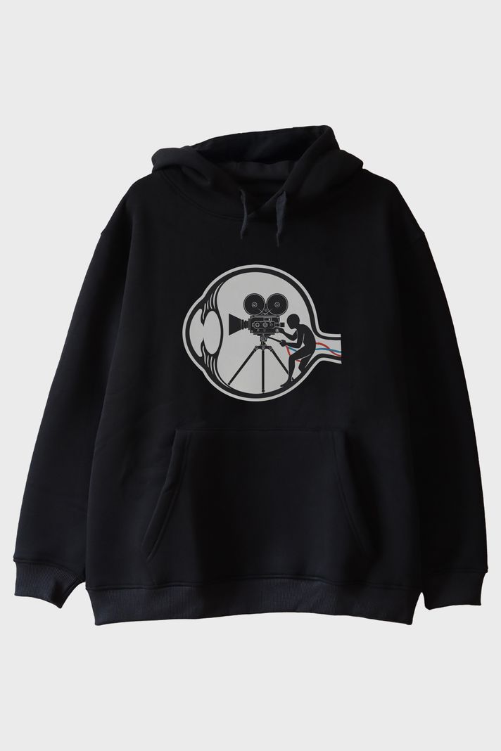 Eski Film Kamerası Baskılı Tasarım Siyah Hoodie