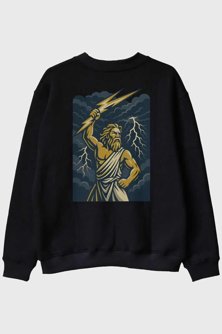Zeus Yıldırım Gücü Siyah Bisiklet Yaka Sweatshirt
