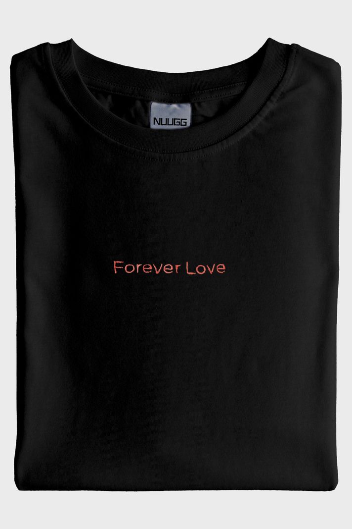 Forever Love Desenli Nakış Siyah T-Shirt - Sevgililer Günü Çift Tişörtleri