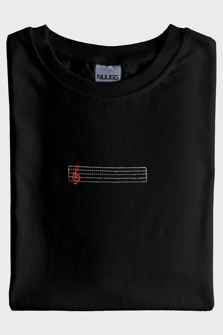 Porte Desenli Nakış Müzik Siyah T-Shirt