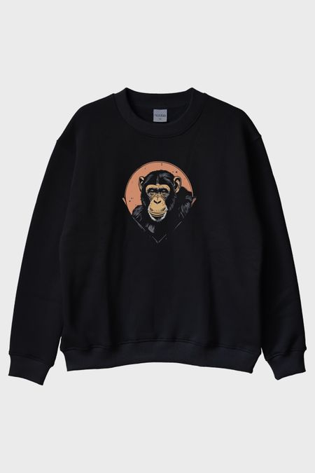 Şempanze Tasarımlı Minimalist Baskılı Siyah Bisiklet Yaka Sweatshirt