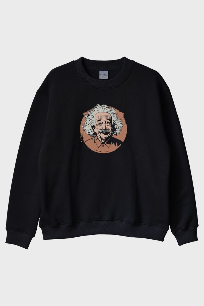 Albert Einstein Portre Baskılı Tasarım Siyah Bisiklet Yaka Sweatshirt