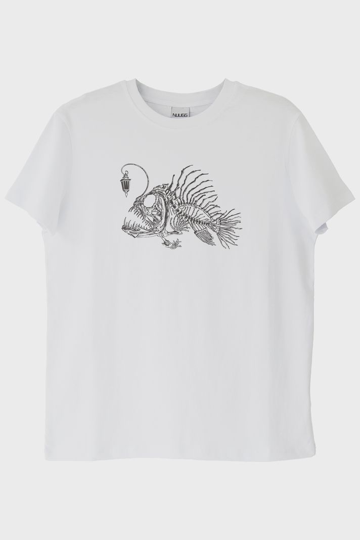 Derin Deniz Balığı İskelet Tasarımlı Baskılı Beyaz Tişört