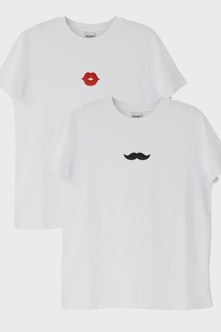Dudak ve Bıyık Desenli Çift Kombin Tişört
