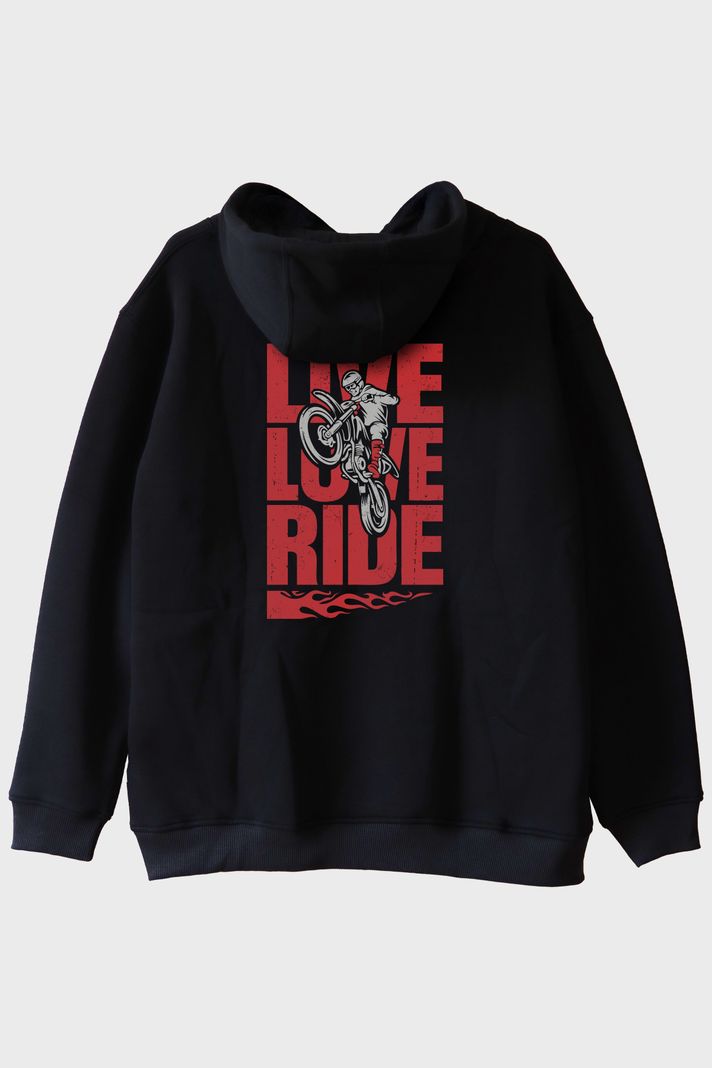 Live Love Ride Baskılı Motosiklet Siyah Hoodie