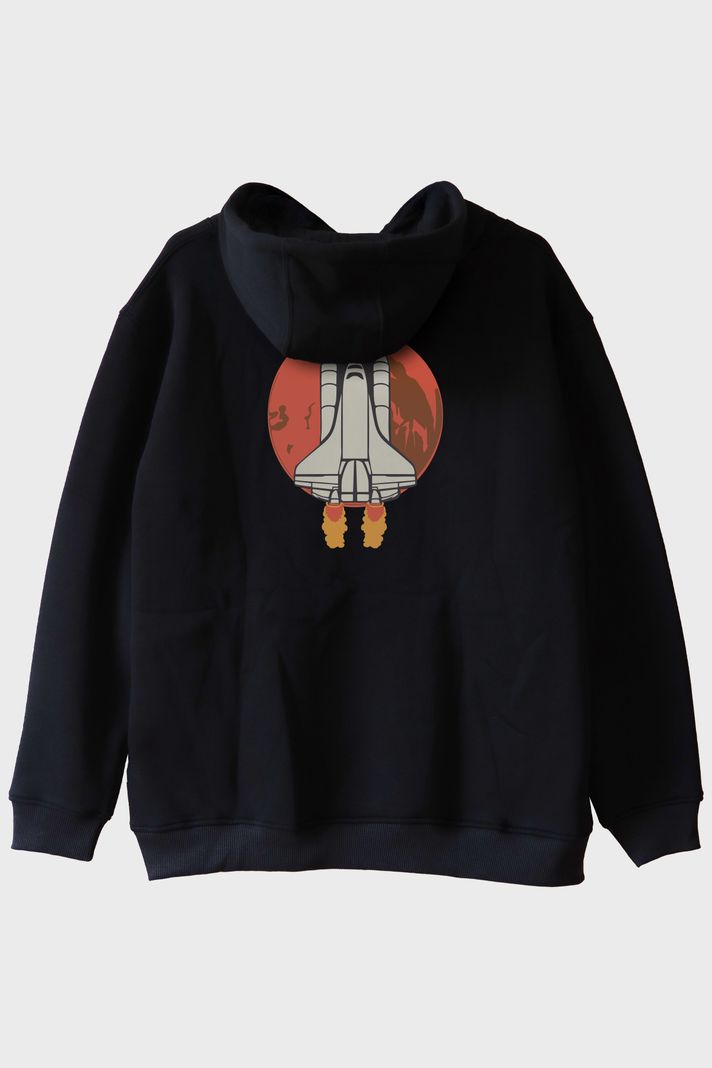 HEDEF MARS! Baskılı Uzay Temalı Siyah Hoodie