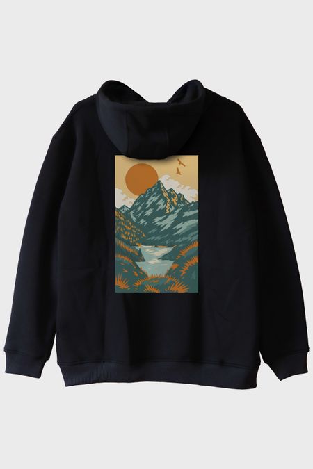 Doğa Manzaralı Turuncu Güneşli Baskılı Siyah Hoodie