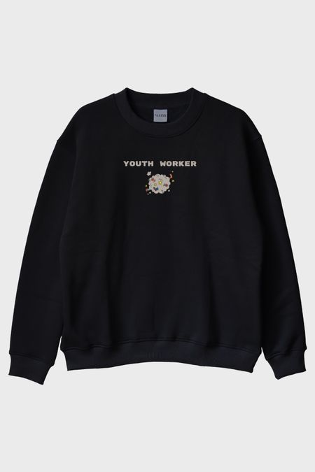 Youth Worker Siyah Bisiklet Yaka Sweatshirt