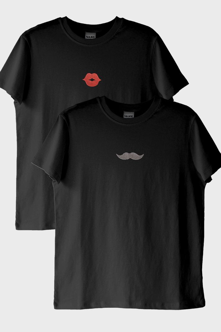 Dudak ve Bıyık Desenli Çift Kombin Siyah T-Shirt