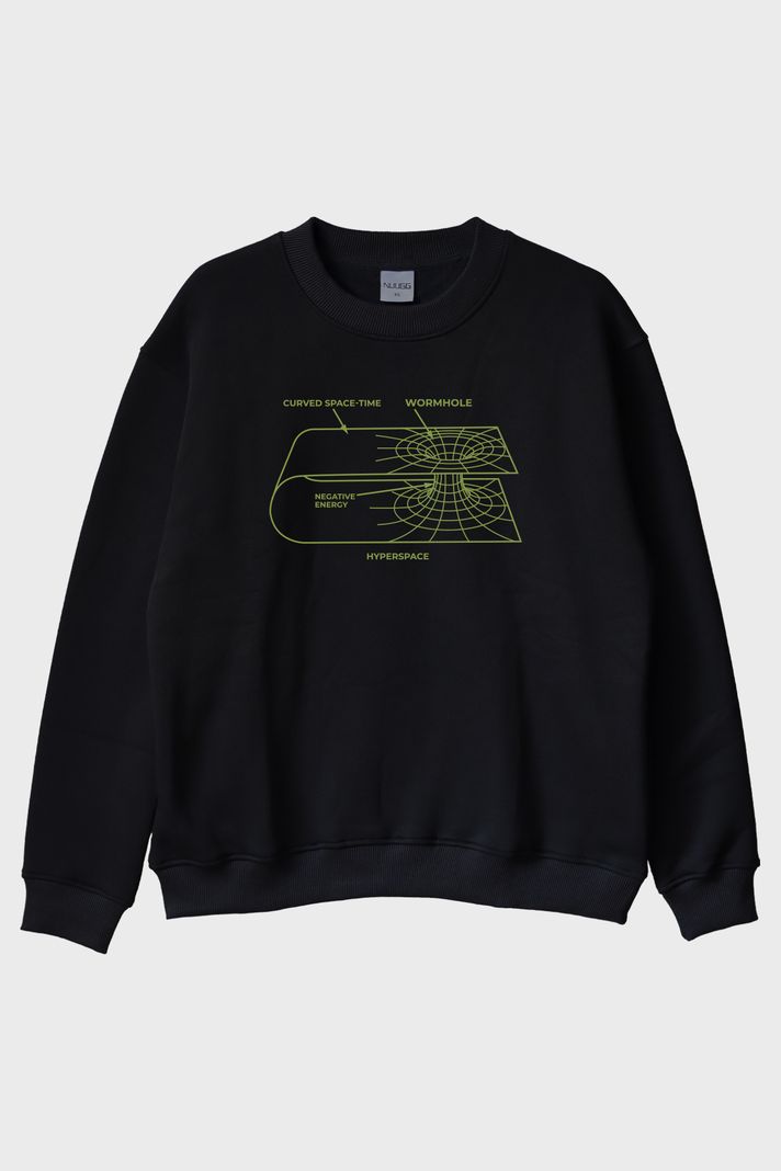Curved Space-Time Baskılı Solucan Deliği Siyah Bisiklet Yaka Sweatshirt