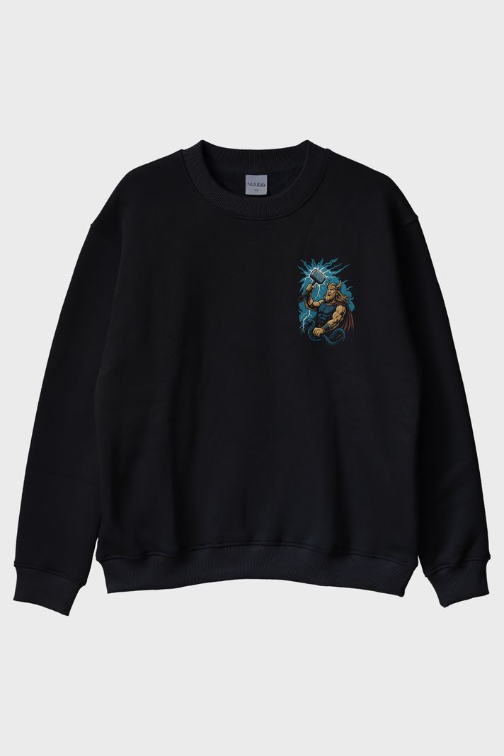 THOR Figürü Baskılı Siyah Bisiklet Yaka Sweatshirt