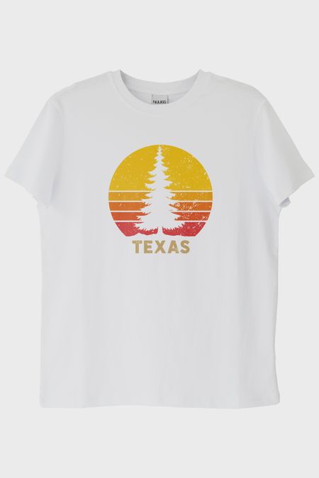 TEXAS Doğa Temalı Gün Batımı Tasarımlı Beyaz Tişört