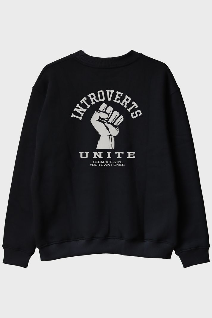 Introverts Unite Baskılı Mizahi Siyah Bisiklet Yaka Sweatshirt