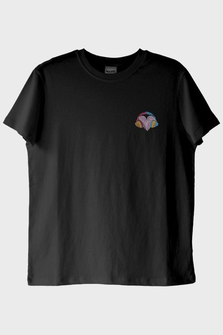Renkli Kulaklık Kalpli Müzik Siyah T-Shirt