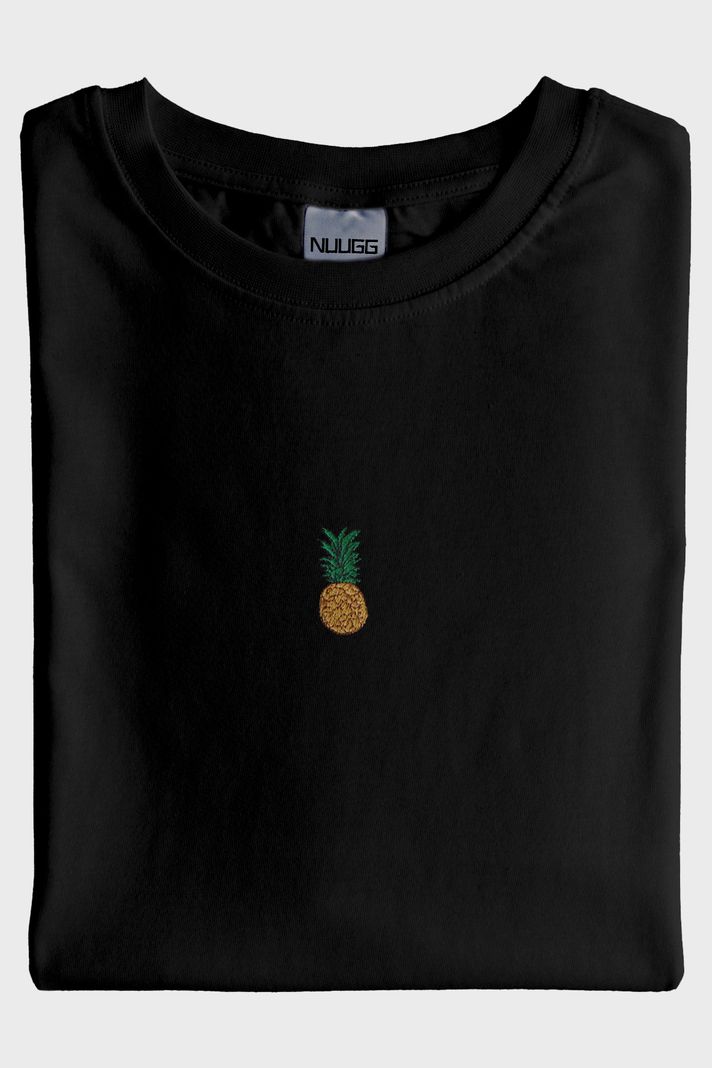 Ananas Desenli Nakış Siyah Tişört