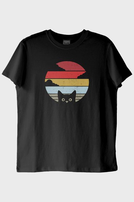 Retro Kedi Baskılı Modern Siyah Tişört