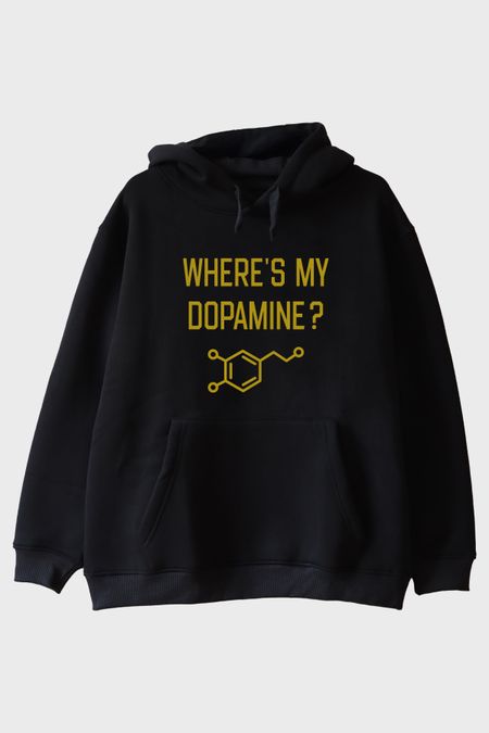 Where's My Dopamine Baskılı Bilim Temalı Siyah Hoodie