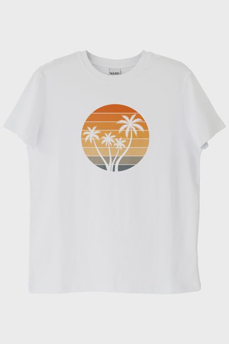 Tropik Gün Batımı Palmiye Baskılı Beyaz Tişört