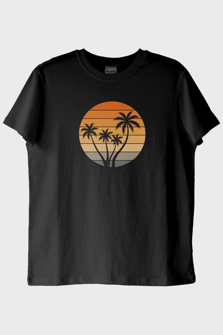 Tropik Gün Batımı Palmiye Baskılı Siyah Tişört