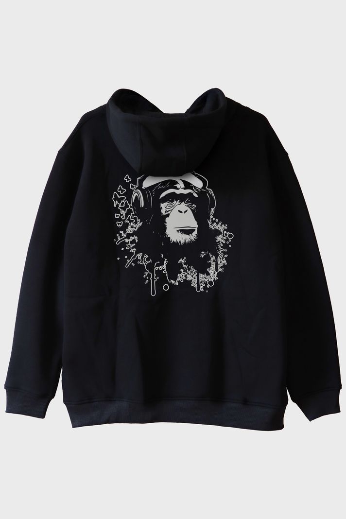 Kulaklık Takmış Goril Siyah Hoodie