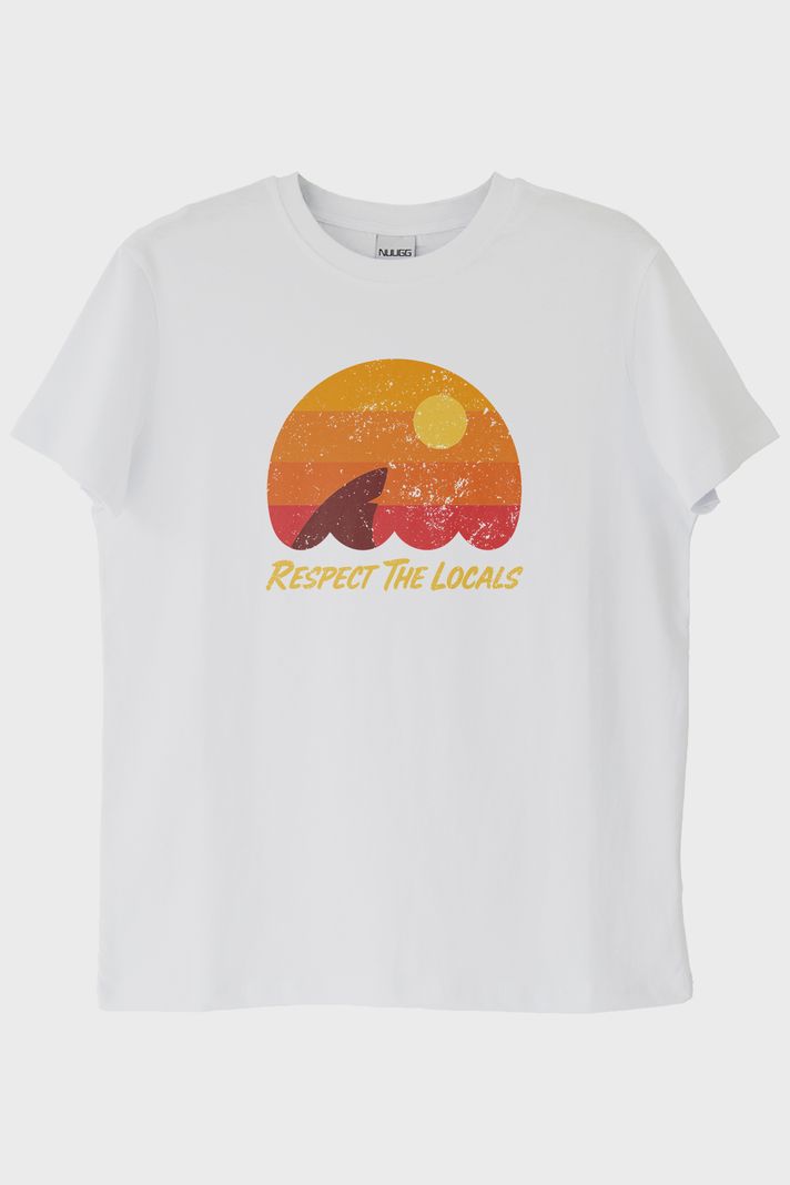 Respect The Locals Köpekbalığı Baskılı Vintage Beyaz Tişört