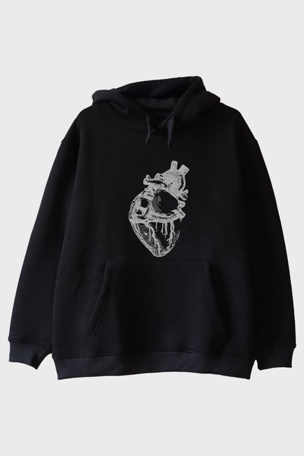 Kalp Anatomi Çizimli Minimalist Baskılı Siyah Hoodie