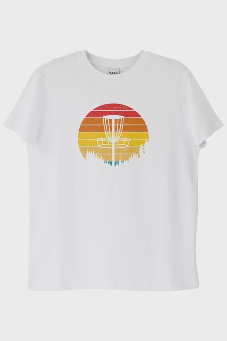 Retro Güneş Batışı Tasarımlı Disk Golf Sepetli Beyaz Tişört