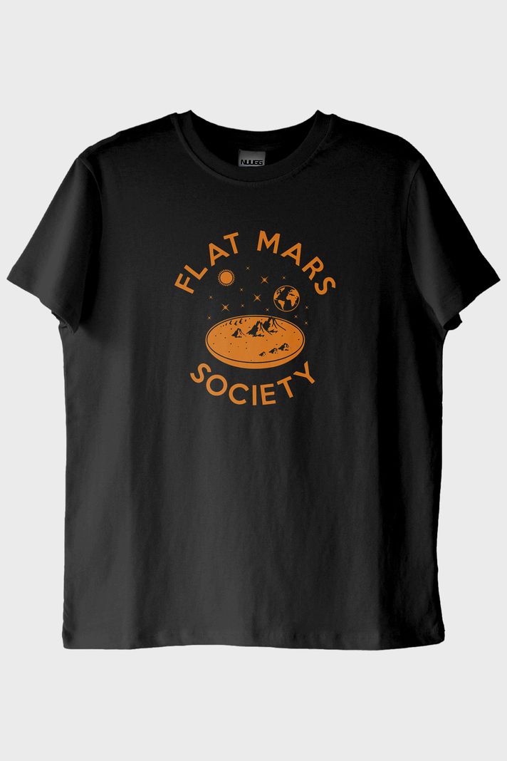 Flat Mars Society Baskılı Uzay Temalı Siyah Tişört