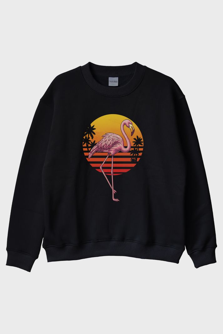 Retro Flamingo Baskılı Siyah Bisiklet Yaka Sweatshirt