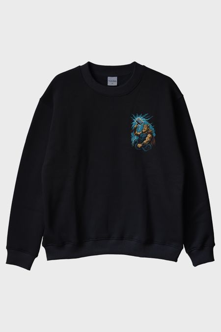 THOR Figürü Baskılı Siyah Bisiklet Yaka Sweatshirt