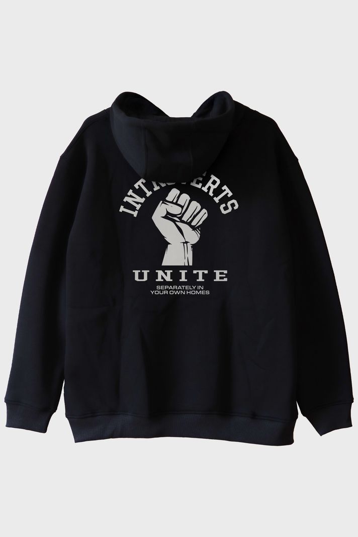 Introverts Unite Baskılı Mizahi Siyah Hoodie