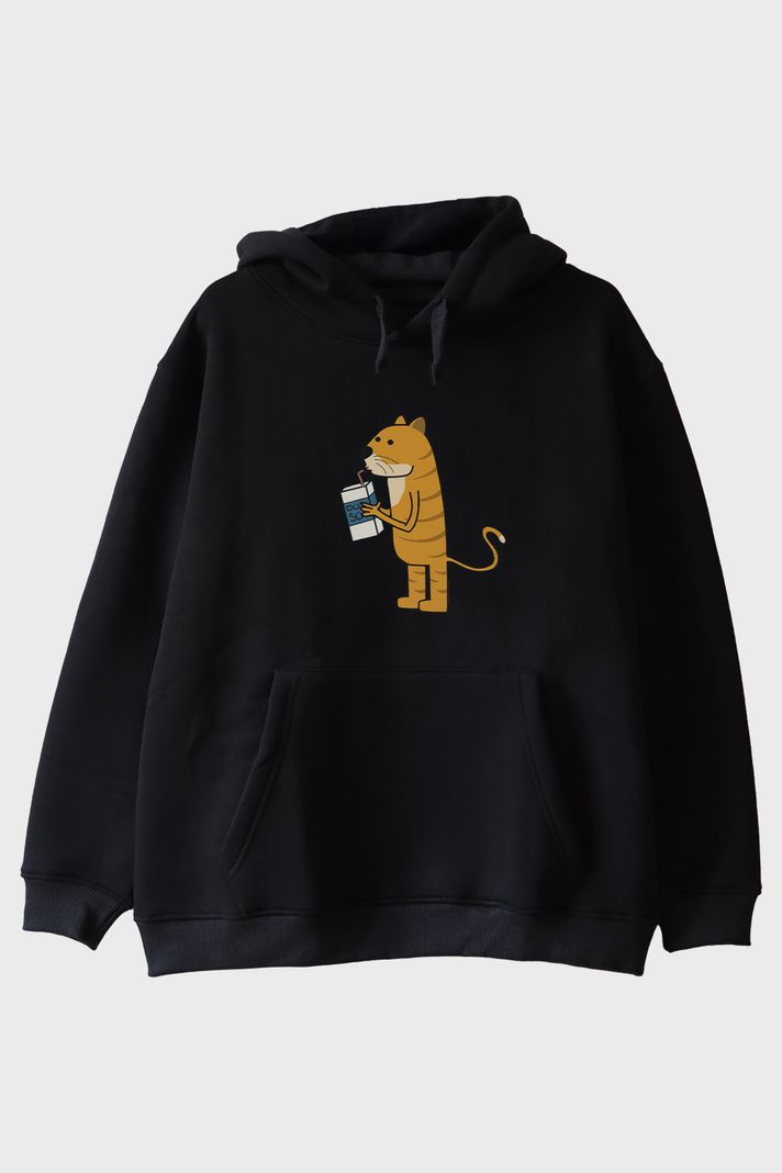 Düz Sütlü Kedi Siyah Hoodie ön görsel