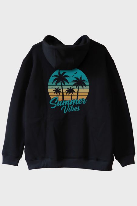 Summer Vibes Baskılı Tropik Plaj Tasarımlı Siyah Hoodie